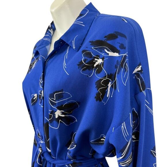 Nine West Womens Blue Floral Long Sleeve Button Up Shirt Dress Belted sz Large - Picture 10 of 16